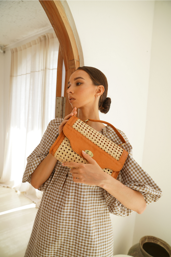 Audrey Rattan Clutch - Camel