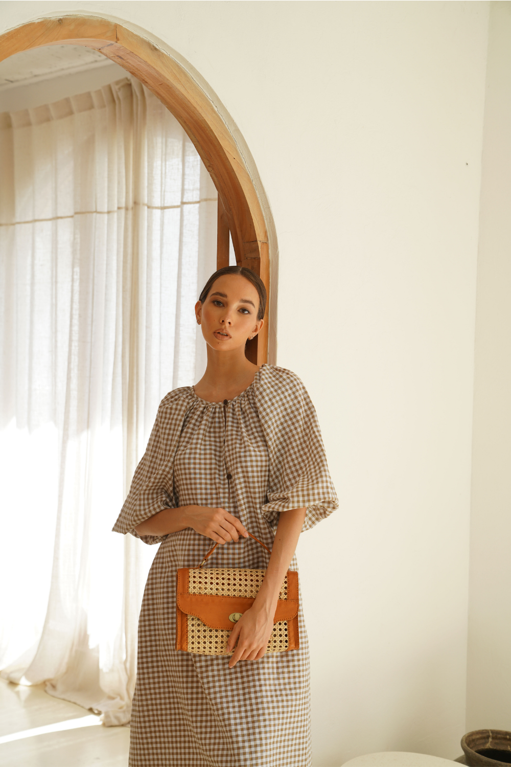 Audrey Rattan Clutch - Camel