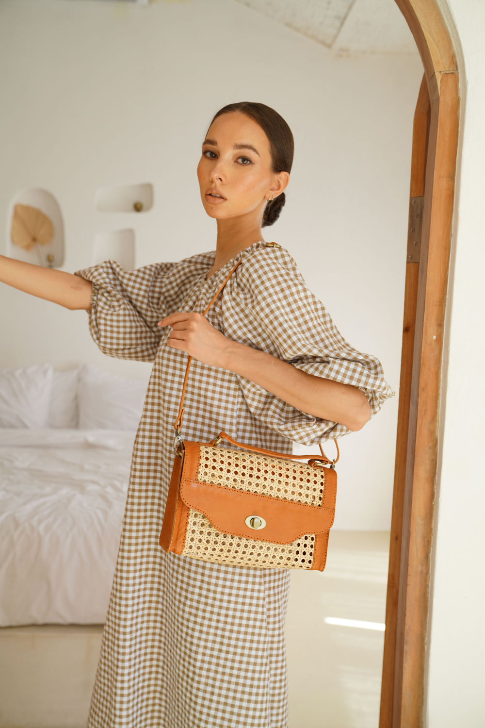 Audrey Rattan Clutch - Camel