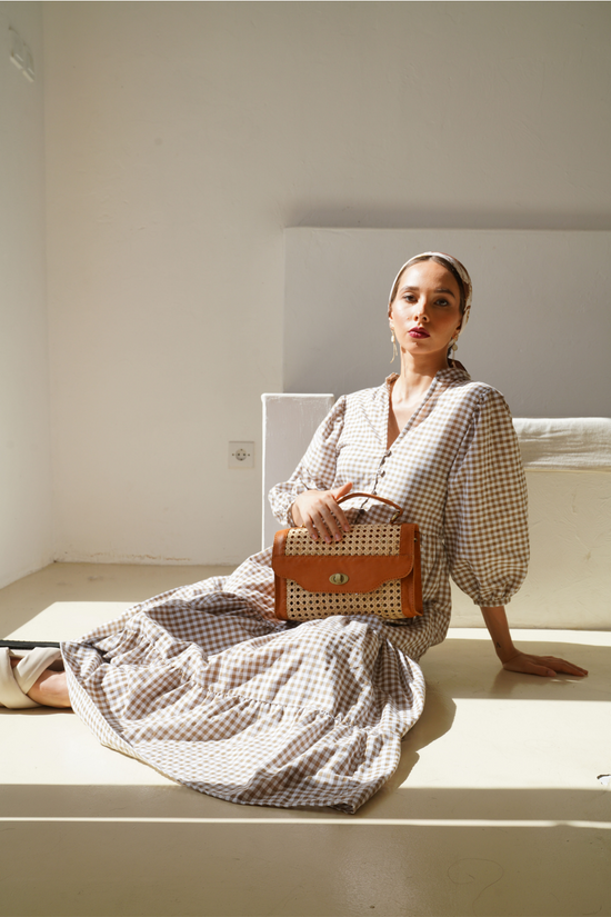 Audrey Rattan Clutch - Camel