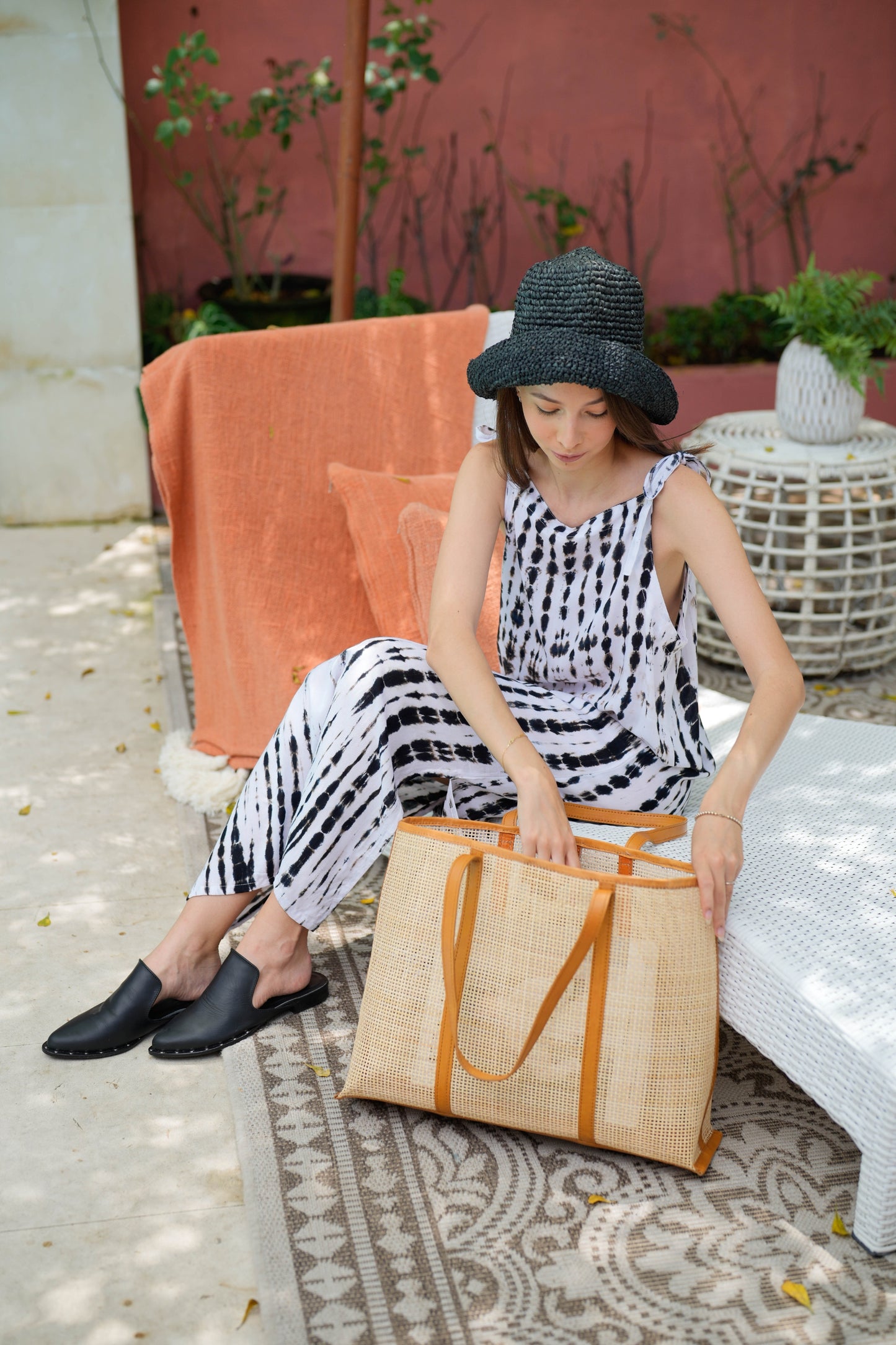 Brianna Large Woven Rattan and Leather Tote Large size in Tan