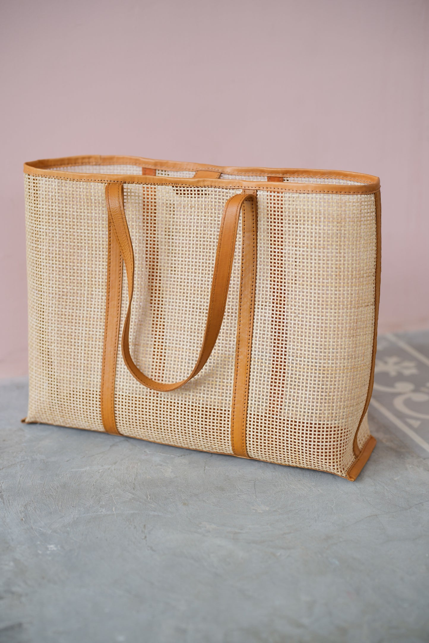 Brianna Large Woven Rattan and Leather Tote Large size in Tan