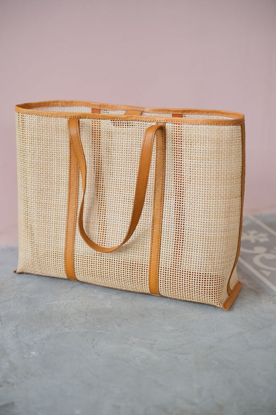 Load image into Gallery viewer, Brianna Large Woven Rattan and Leather Tote Large size in Tan
