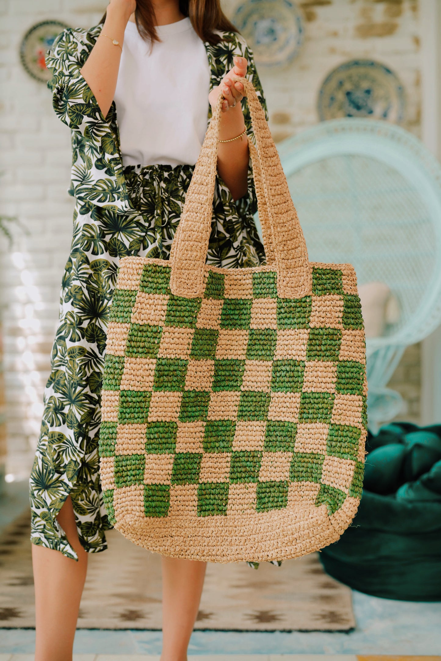 Emerson Checkered Oversized Raffia Tote – Pink Haley