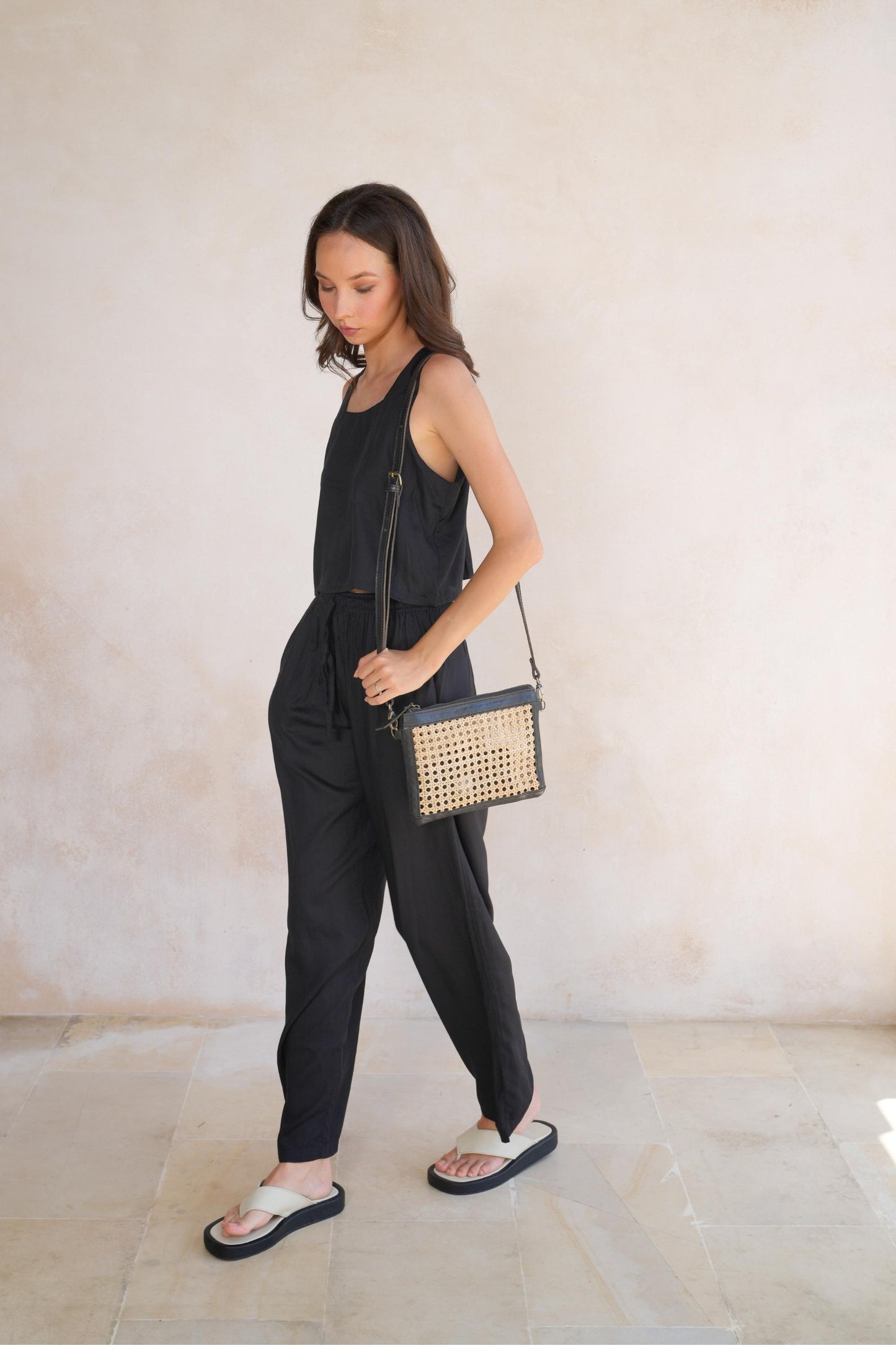 Gia Rattan and Leather Crossbody - Black