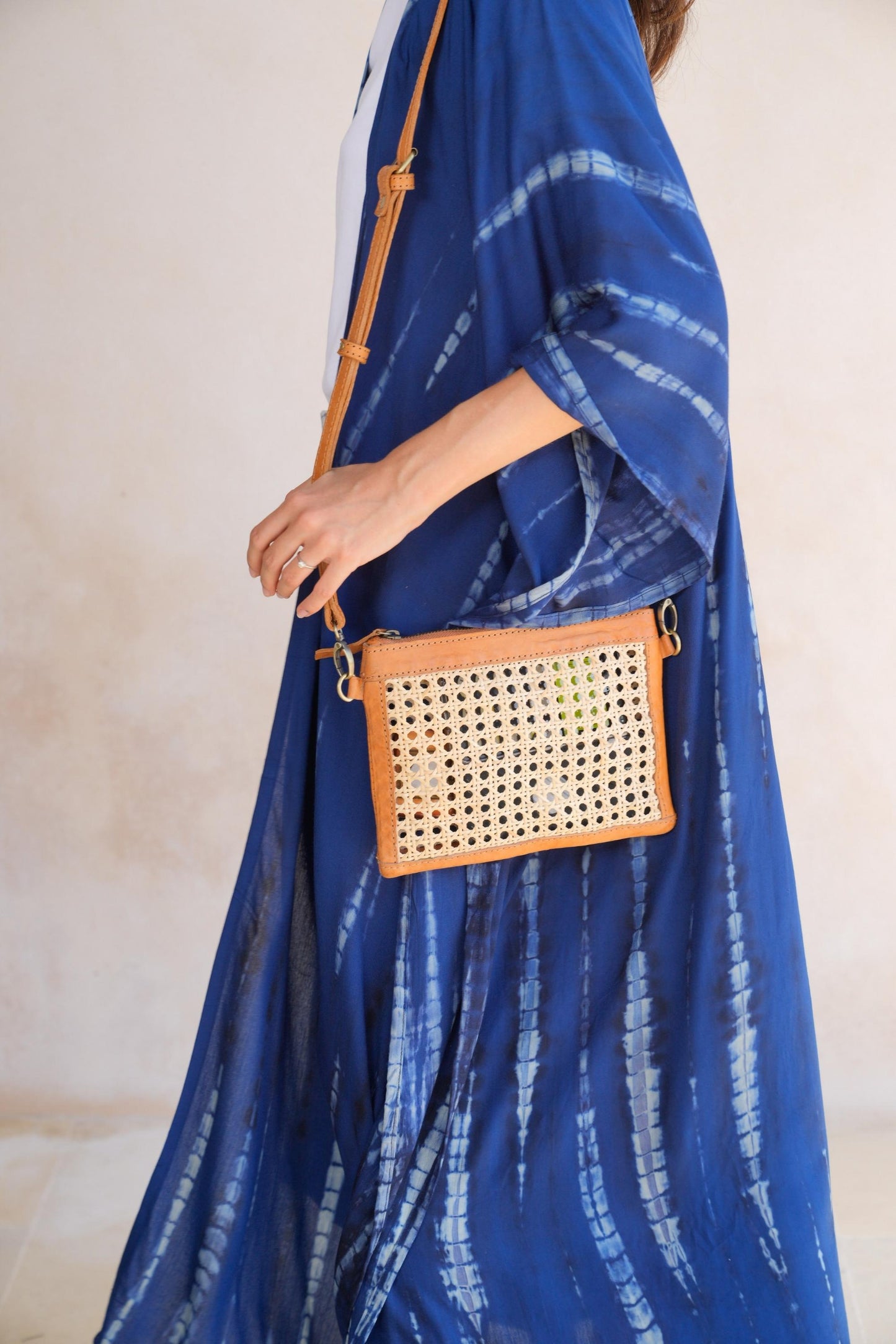 Gia Rattan and Leather Crossbody - Camel