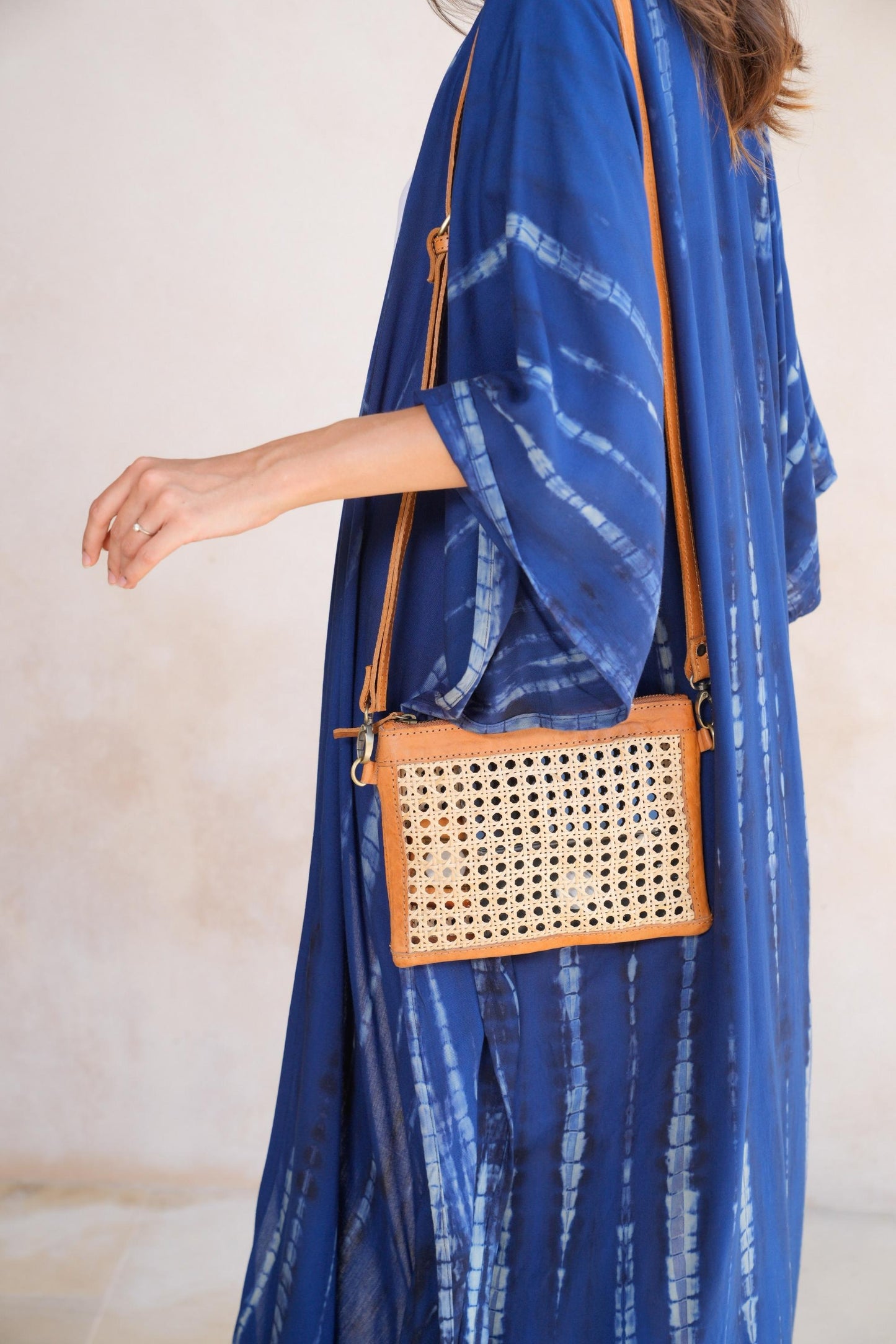 Gia Rattan and Leather Crossbody - Camel