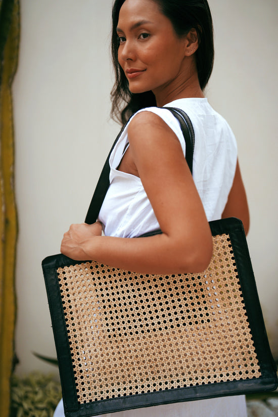 Giselle Oversized Cane and Leather Tote in Black