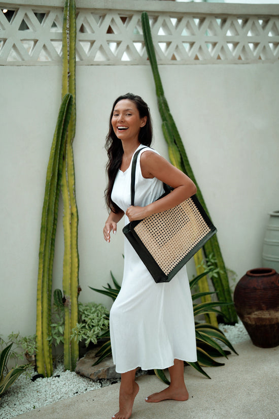 Giselle Oversized Cane and Leather Tote in Black