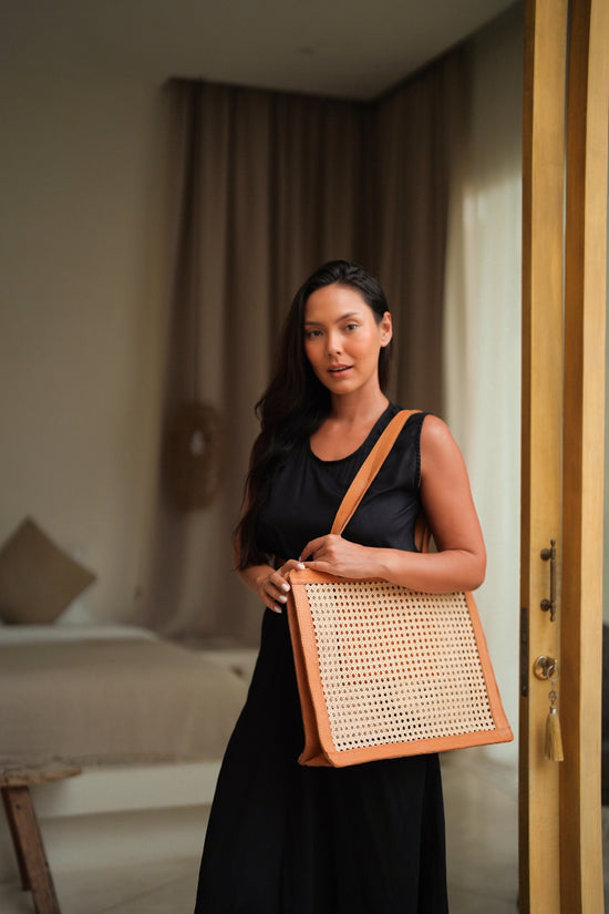 Giselle Oversized Cane and Leather Tote in Tan