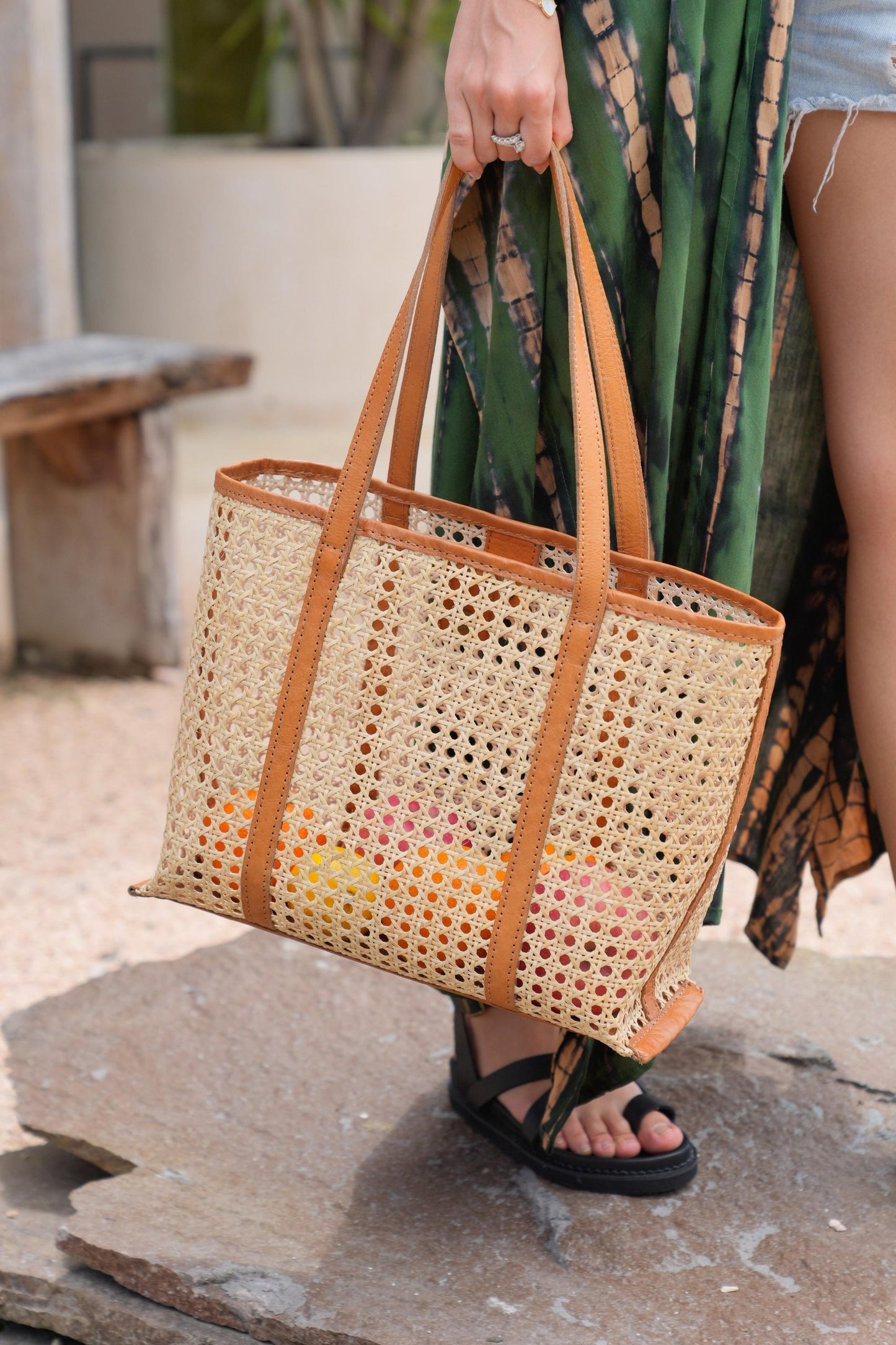 Handmade Woven Cane and Leather Tote