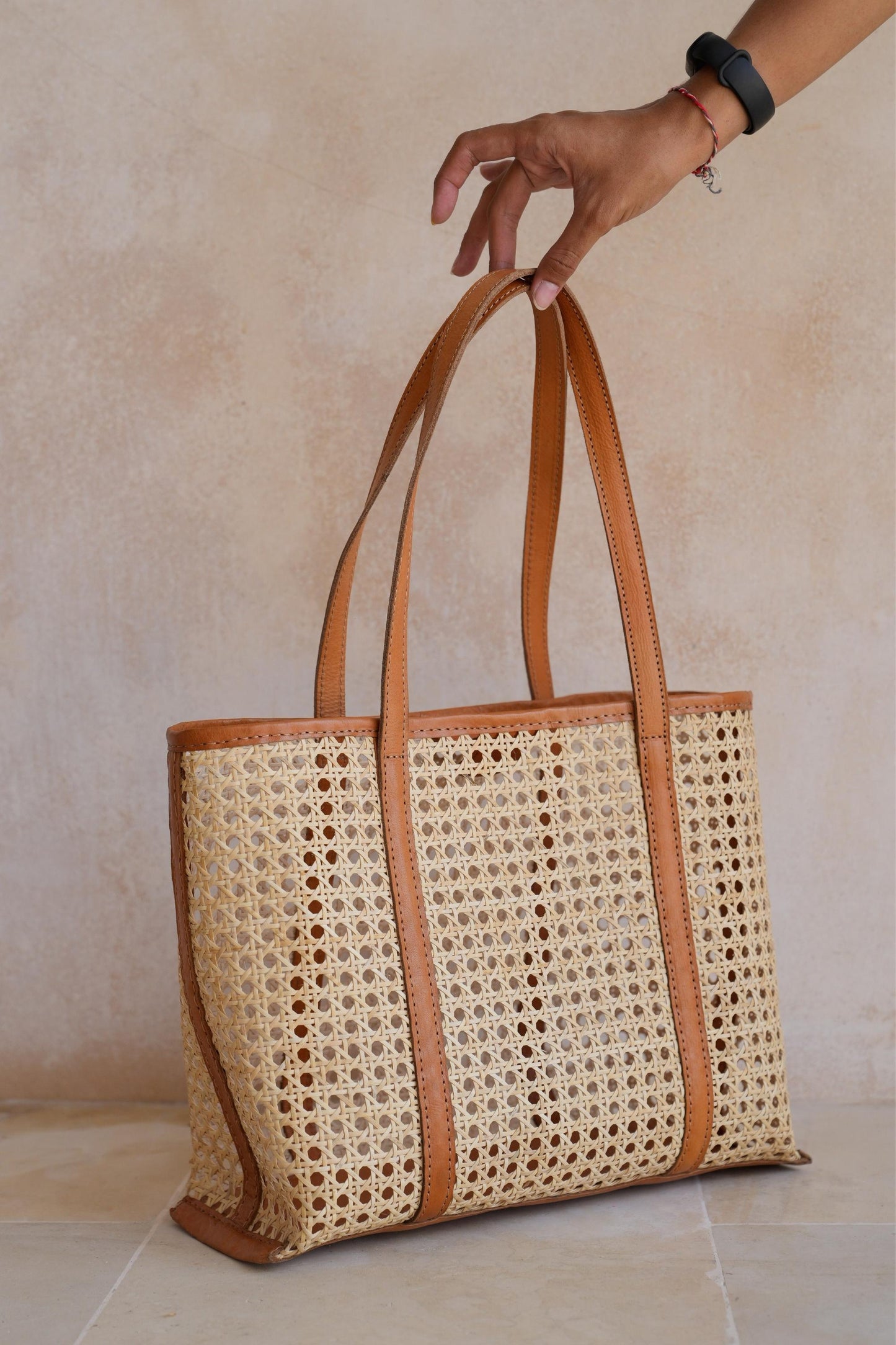 Hazel Handmade Cane Woven and Leather Tote - Medium