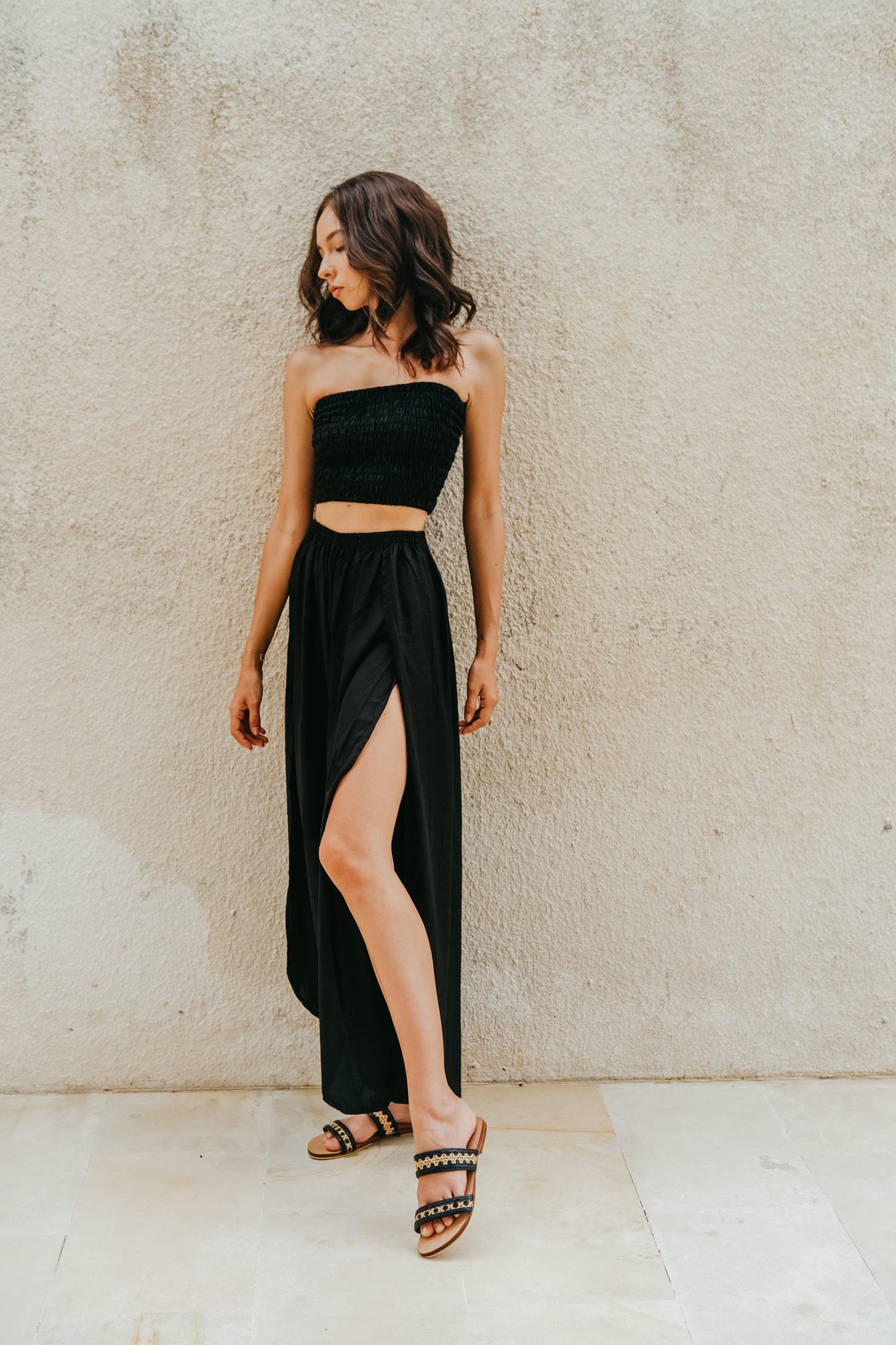 Judith Side Split Pants With Matching Tube Top Set in Black