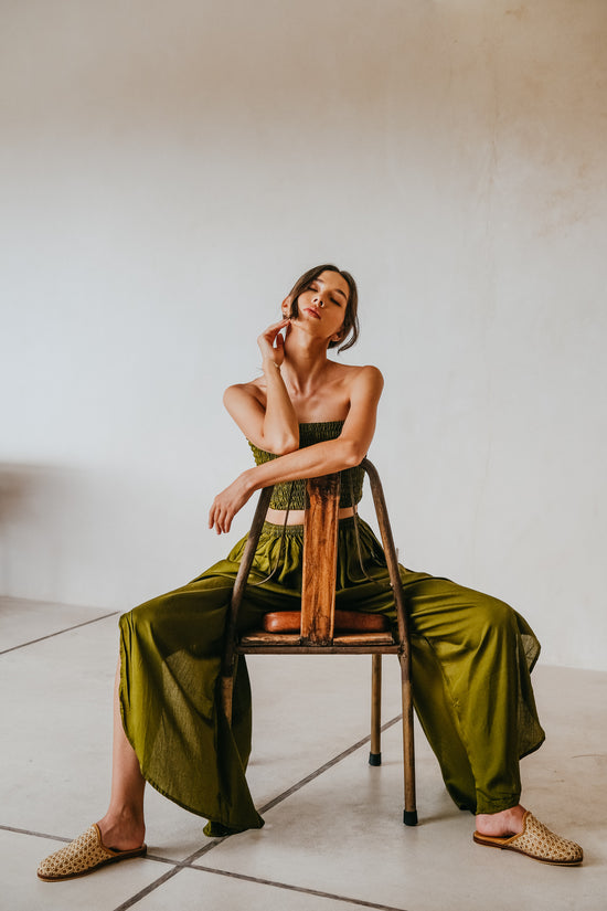 PRE-ORDER Judith Side Split Pants With Matching Tube Top Set in Olive