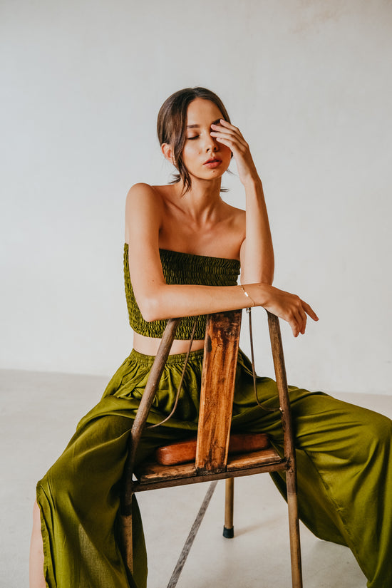 PRE-ORDER Judith Side Split Pants With Matching Tube Top Set in Olive