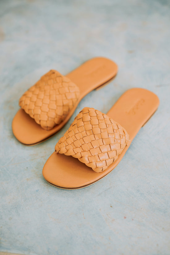 Luisa Woven Leather Slide Sandals in Tan