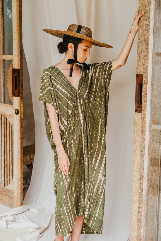 Madella Hand Dyed Kaftan Dress in Seaweed green