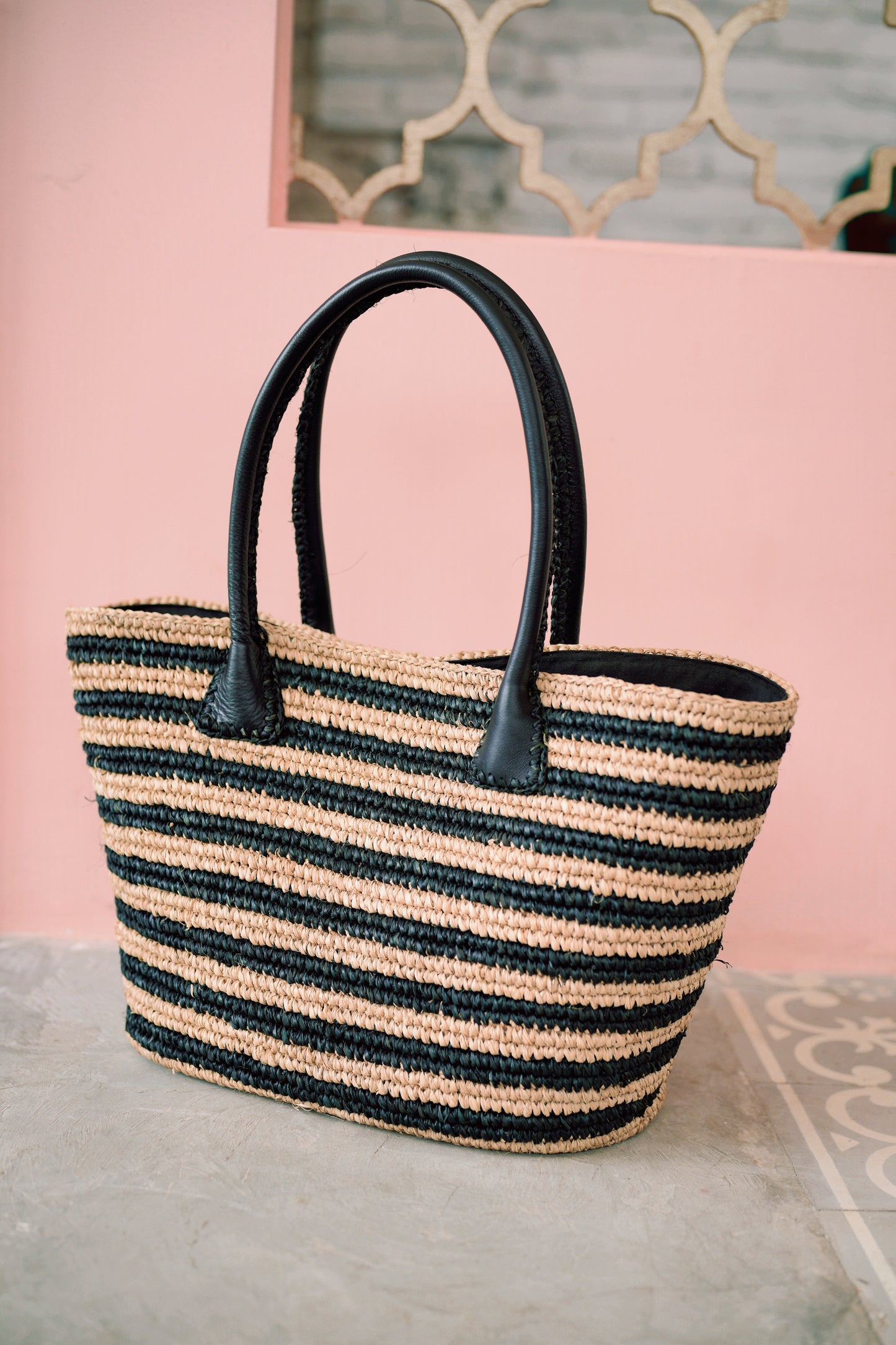 Mary Black Striped Premium Raffia Oversized Tote