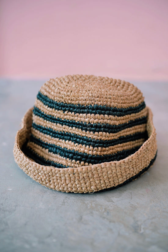Millie Handwoven Raffia Straw Hat - Black stripes