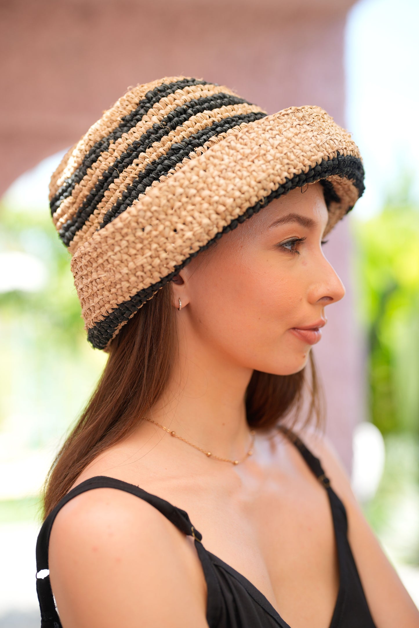 Millie Handwoven Raffia Straw Hat - Black stripes