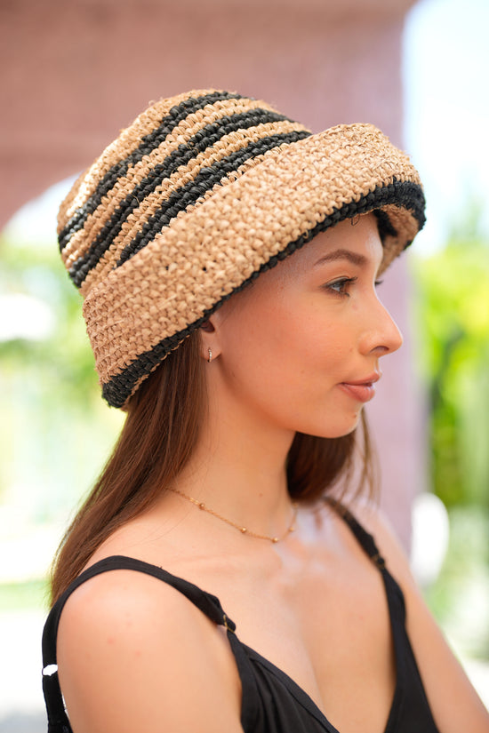 Millie Handwoven Raffia Straw Hat - Black stripes