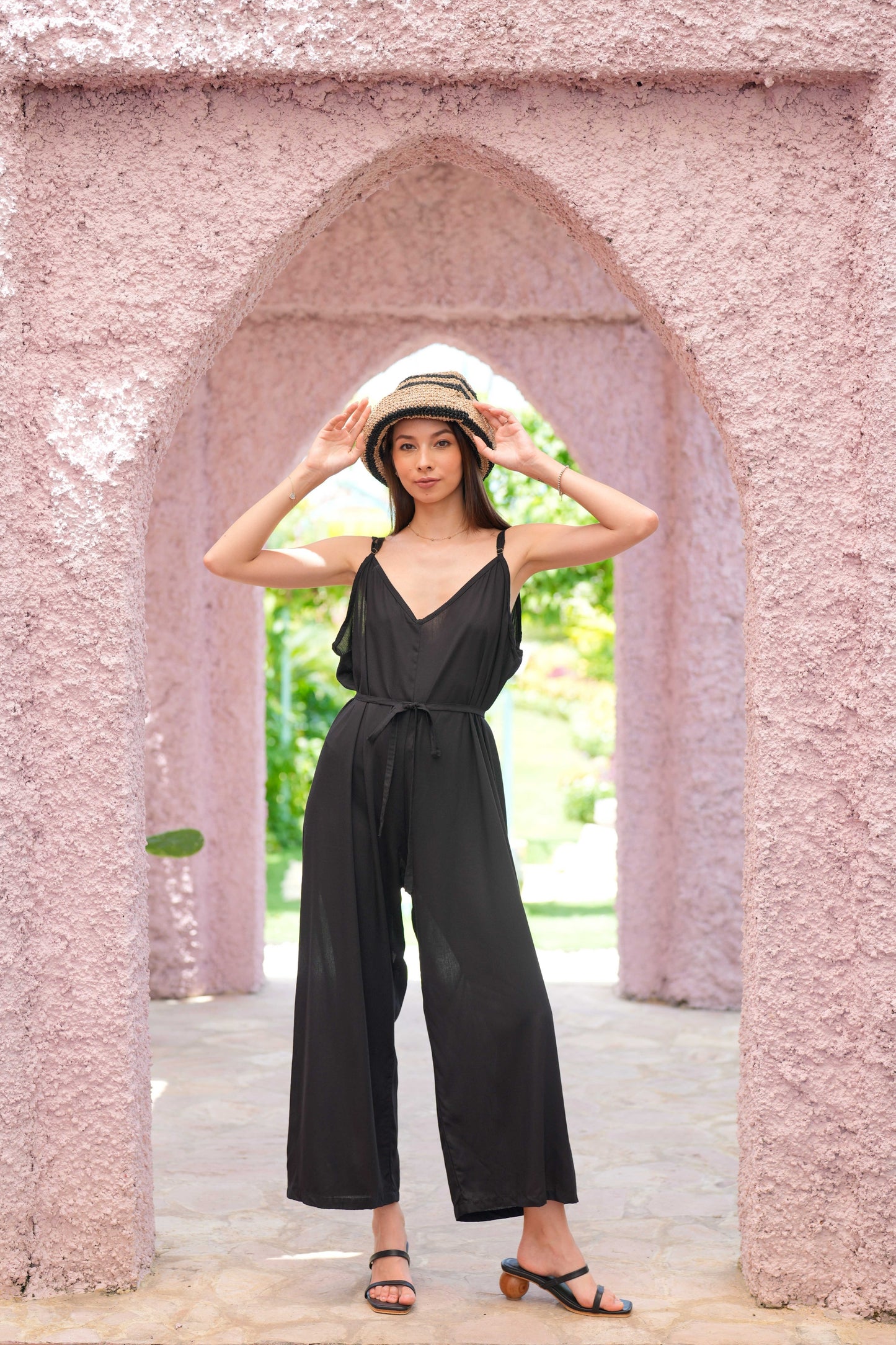 Millie Handwoven Raffia Straw Hat - Black stripes