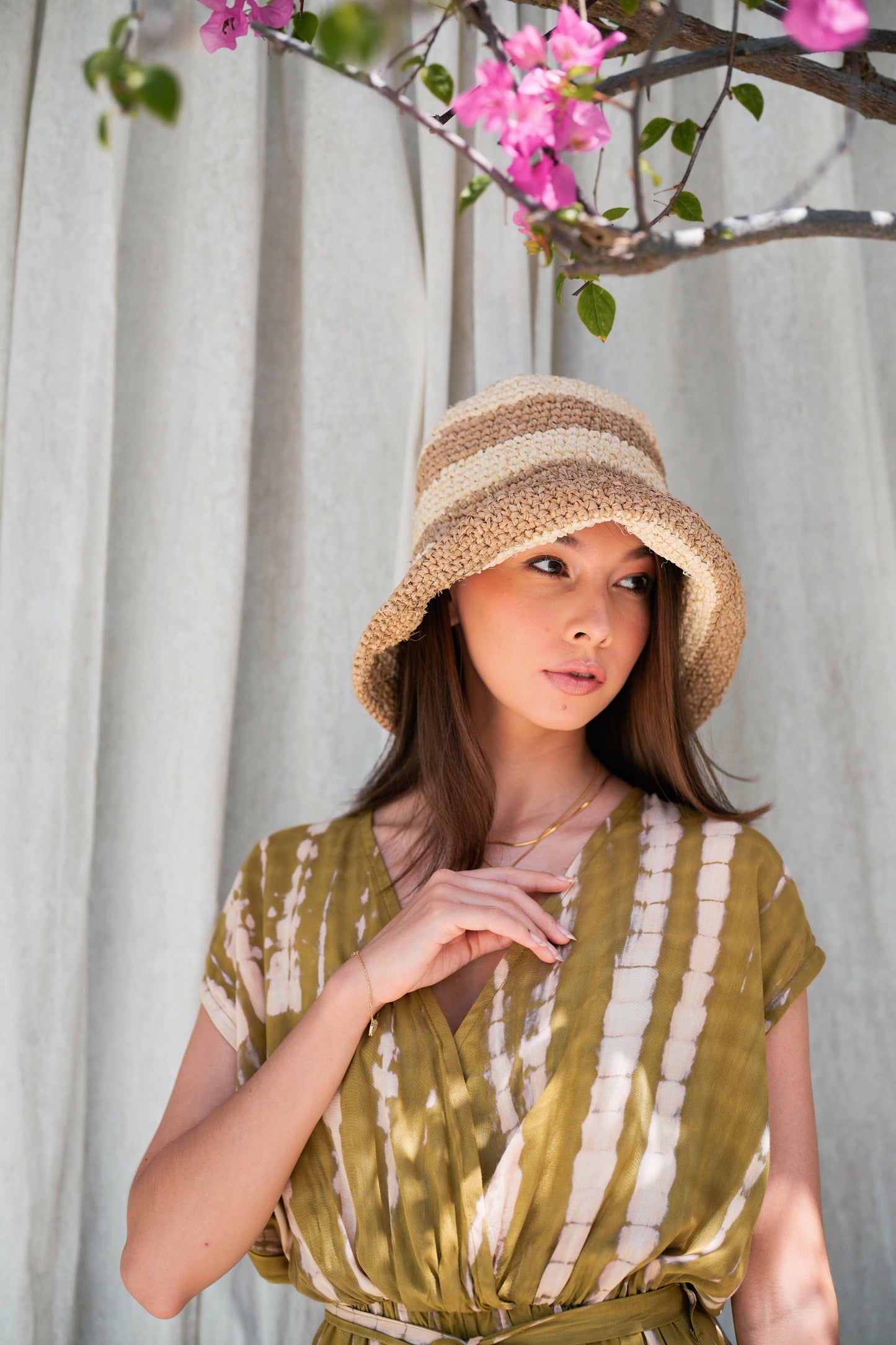 Millie Handwoven Raffia Straw Hat - White stripe