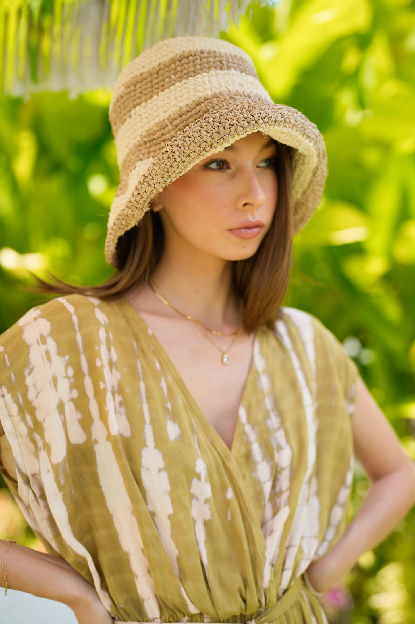 Millie Handwoven Raffia Straw Hat - White stripe