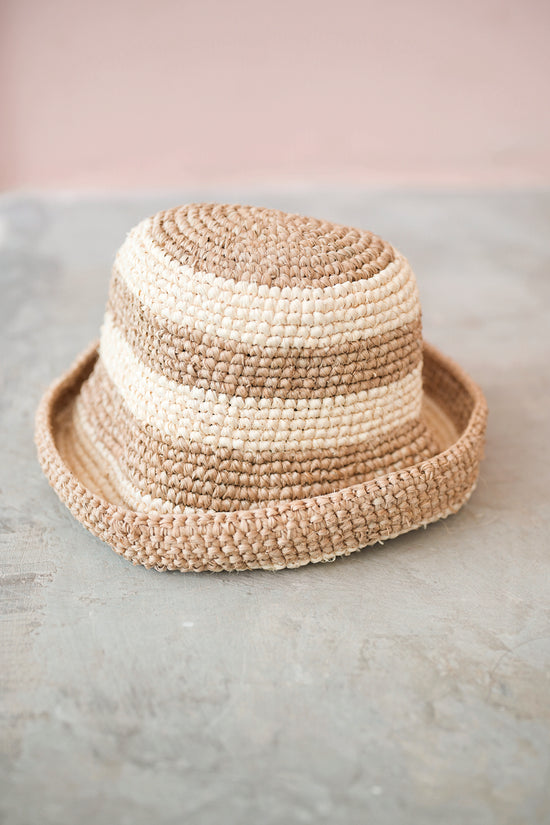 Millie Handwoven Raffia Straw Hat - White stripe