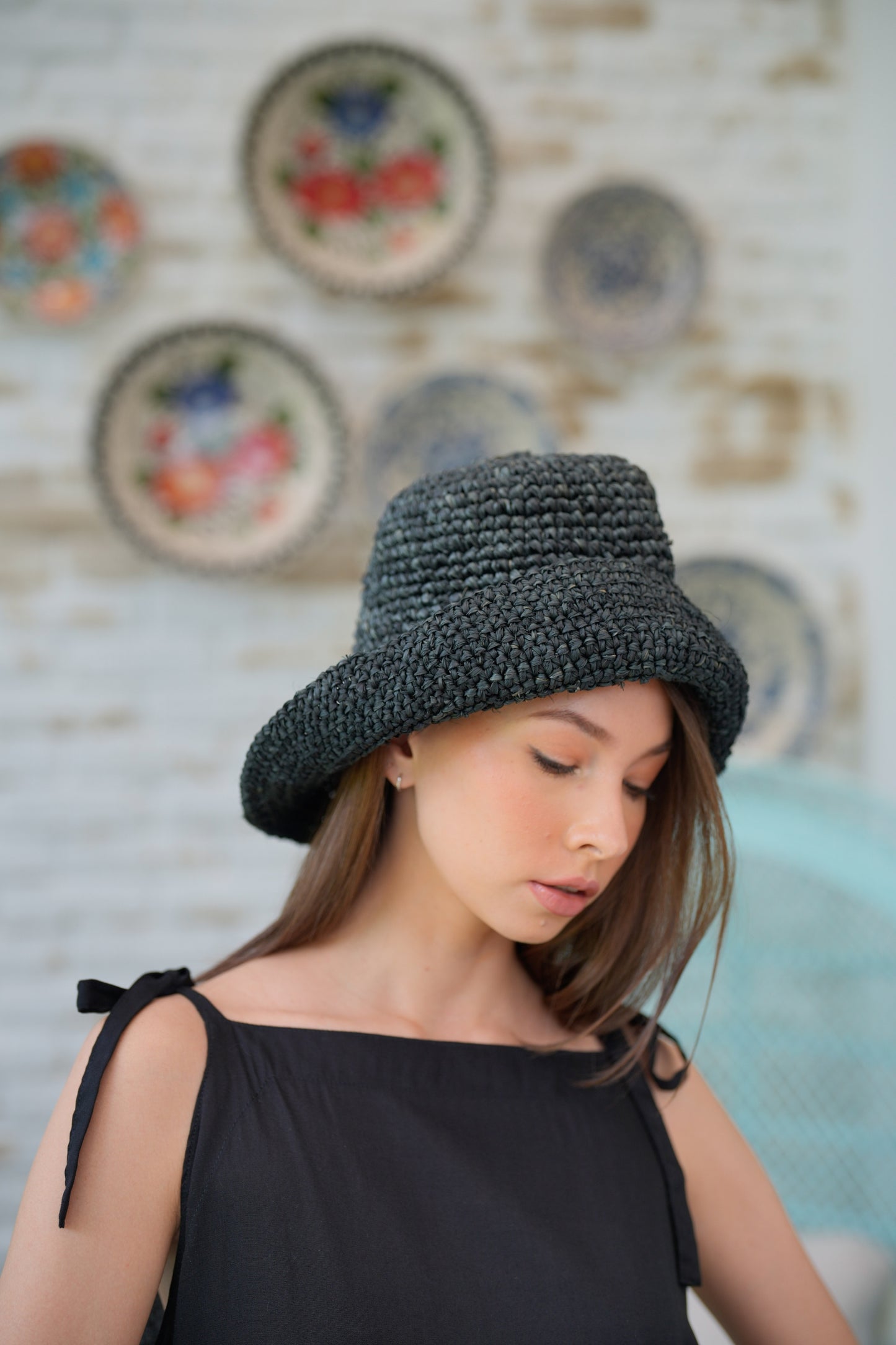 Millie Handwoven Raffia Straw Hat - Solid Black
