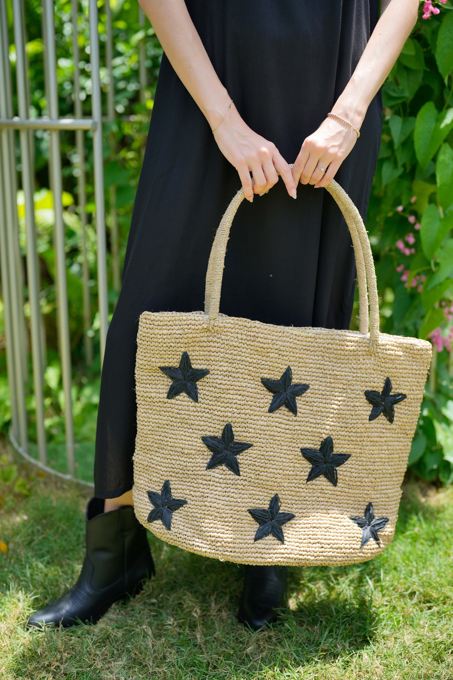 Morgan Stars Pattern Raffia Tote