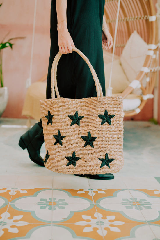 Morgan Stars Pattern Raffia Tote