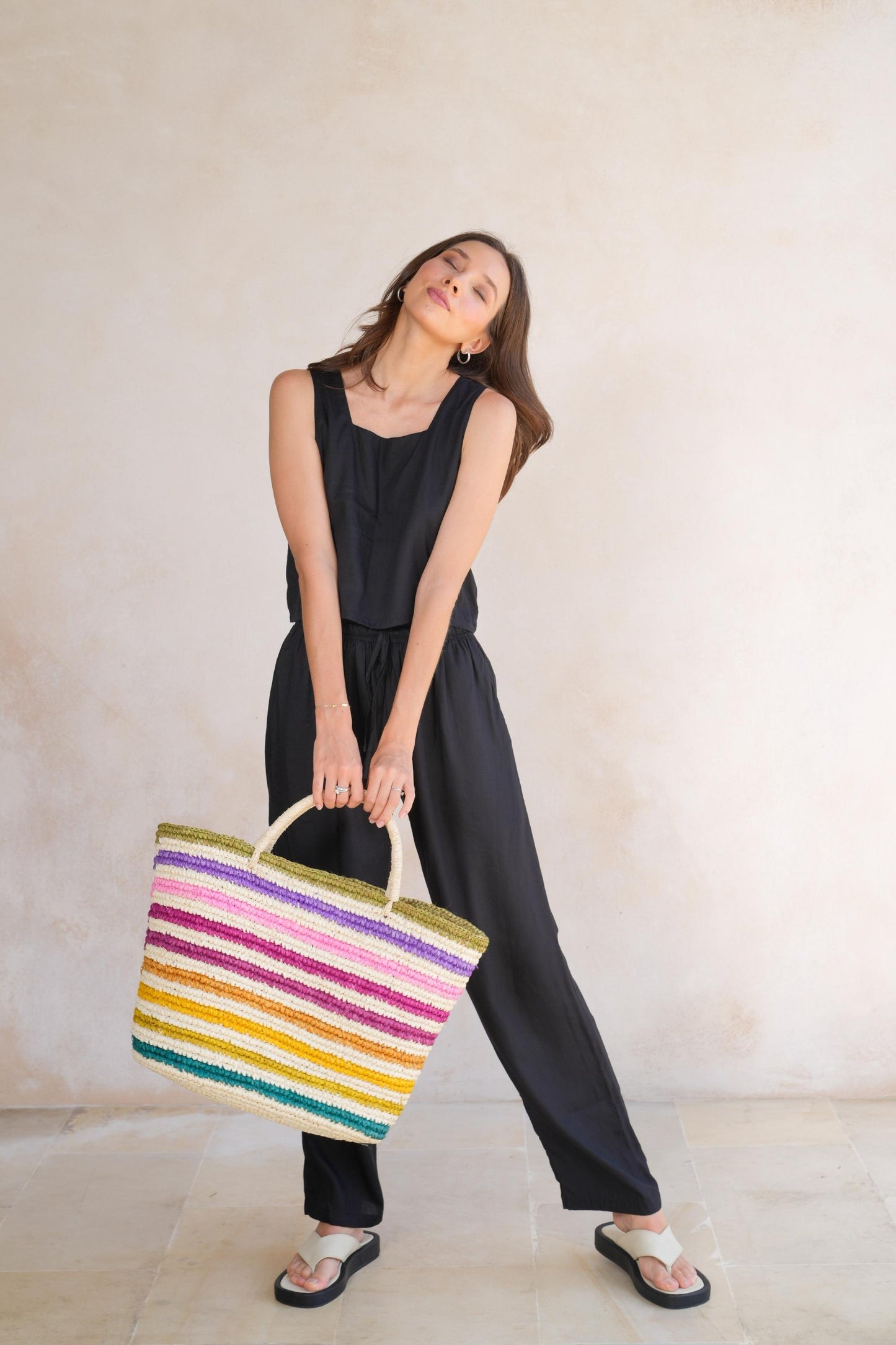 Rainbow Handwoven Color Strips Raffia Tote