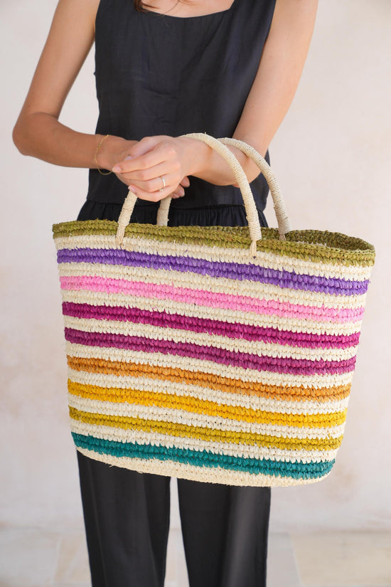 Rainbow Handwoven Color Strips Raffia Tote