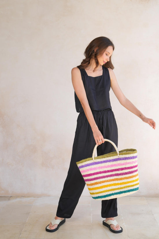 Load image into Gallery viewer, Rainbow Handwoven Color Strips Raffia Tote
