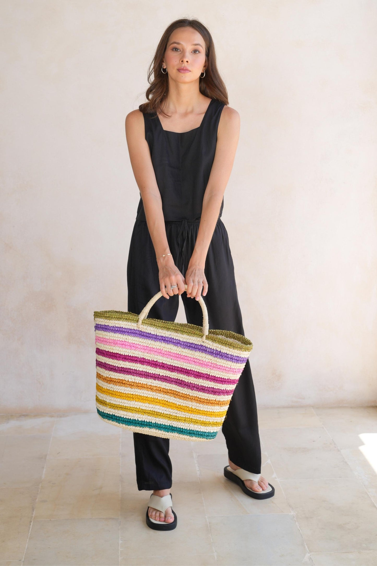 Colorful Stripes Knitted Durable Tote Bag, Slouchy Rainbow Large