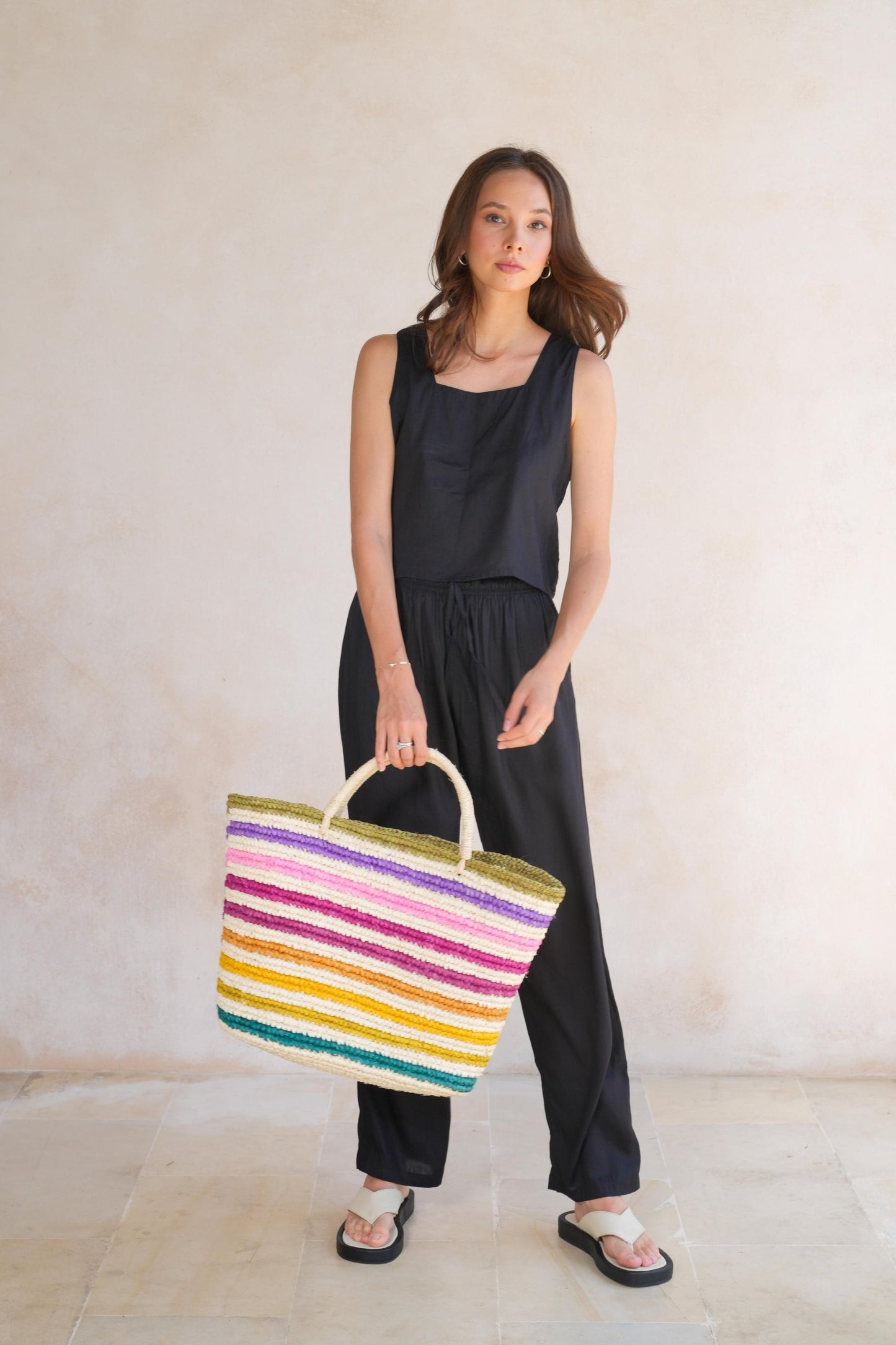 Colorful Stripes Knitted Durable Tote Bag, Slouchy Rainbow Large