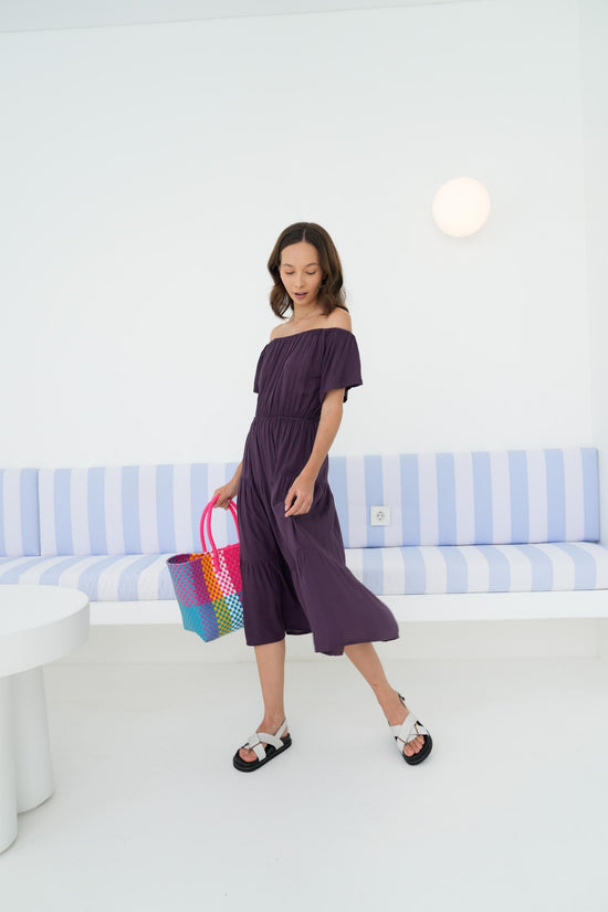 Load image into Gallery viewer, Regina Off-the-shoulder Midi Dress in Eggplant
