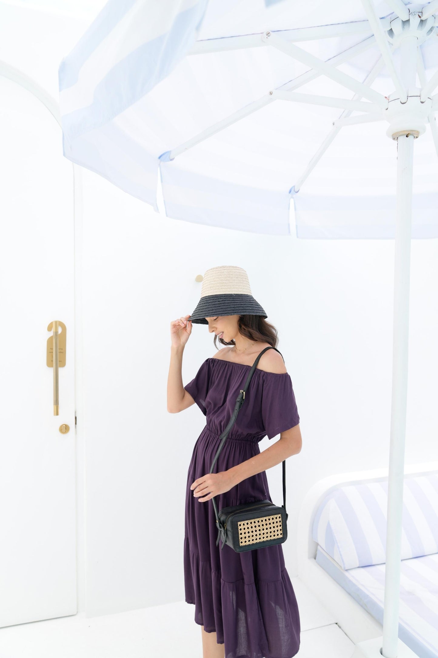 Regina Off-the-shoulder Midi Dress in Eggplant