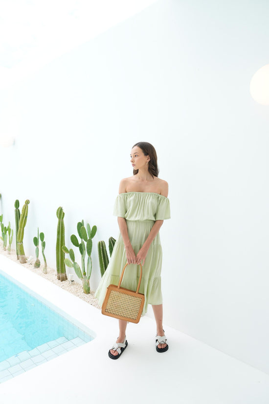 Regina Off-the-shoulder Midi Dress in Pistachio Pink Haley Regina Off-the-shoulder Midi Dress in Pistachio Pink Haley