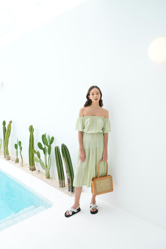 Load image into Gallery viewer, Regina Off-the-shoulder Midi Dress in Pistachio
