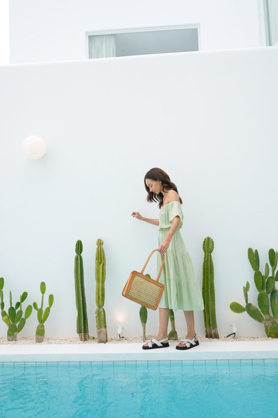 Load image into Gallery viewer, Regina Off-the-shoulder Midi Dress in Pistachio

