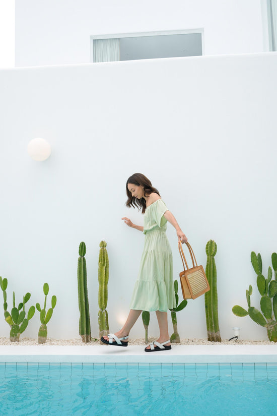 Load image into Gallery viewer, Regina Off-the-shoulder Midi Dress in Pistachio
