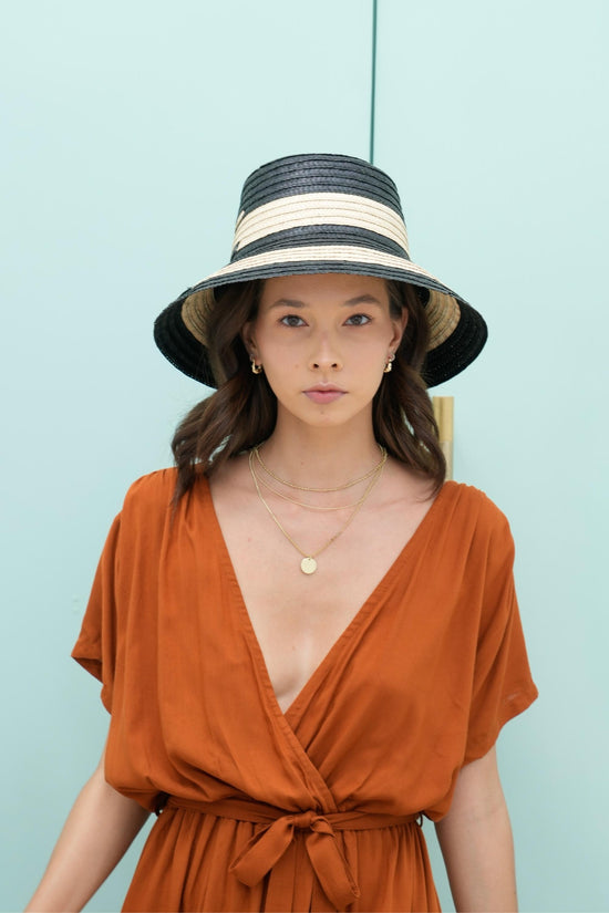 Rosalie Black Strips Bucket Straw Hat