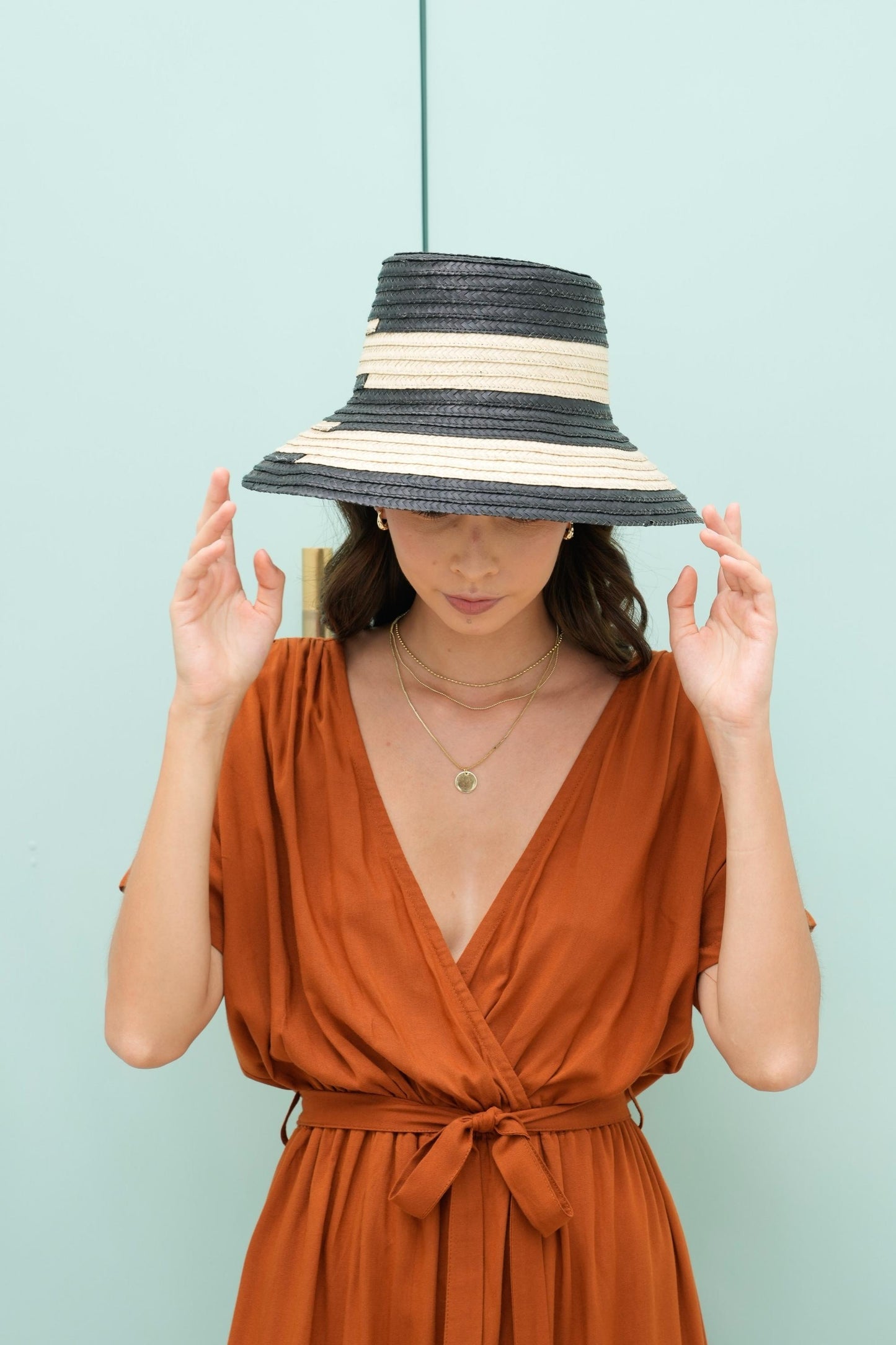 Rosalie Black Strips Bucket Straw Hat