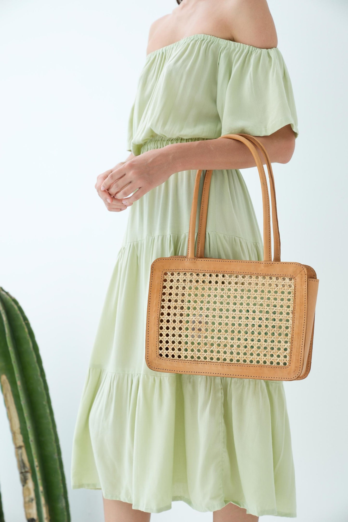 Handmade Woven Cane and Leather Tote