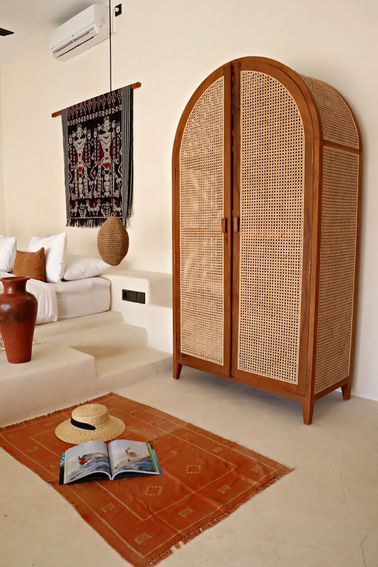 Gaia Teak Wood and Cane Arch Armoire