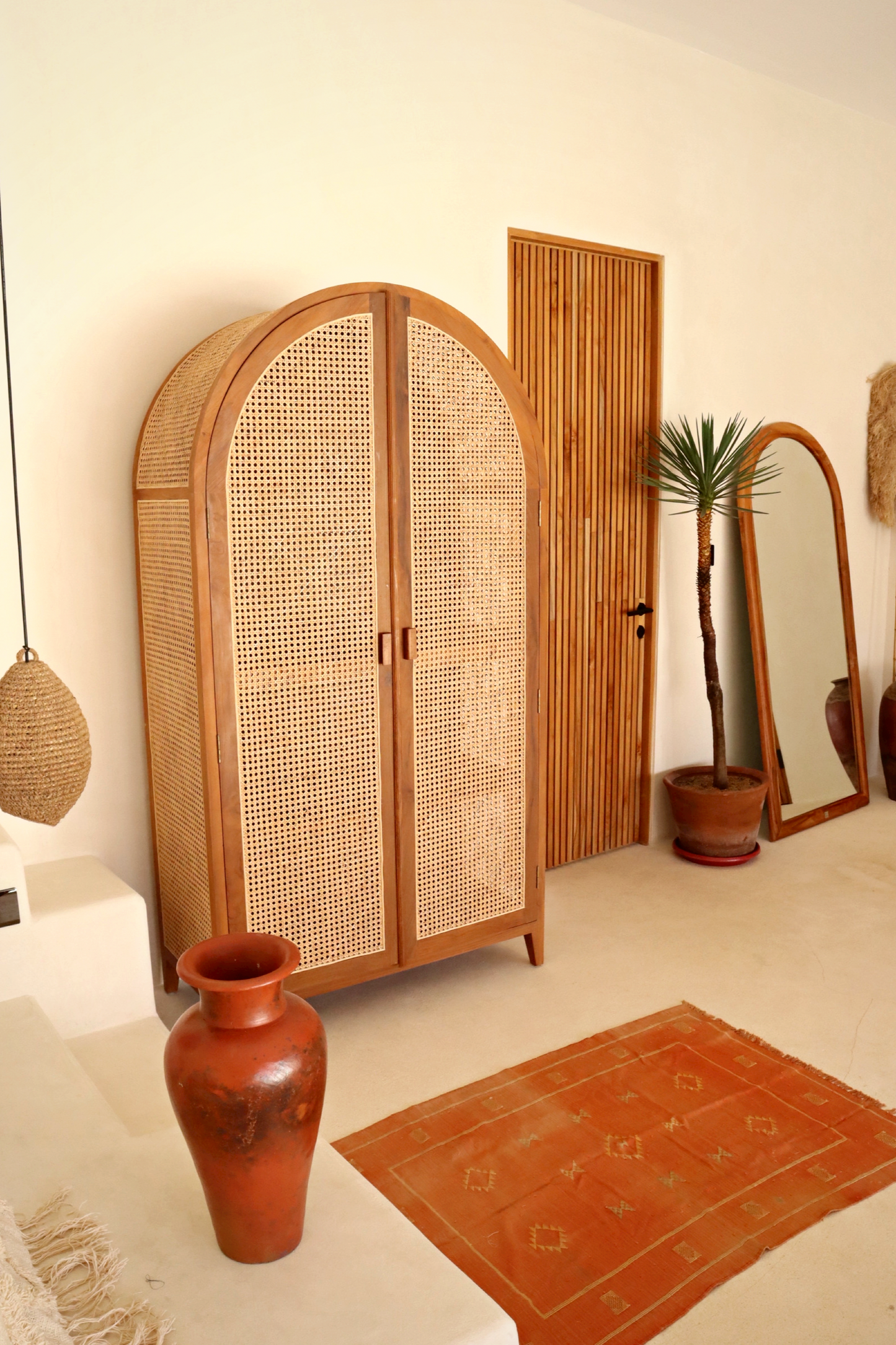 Gaia Teak Wood and Cane Arch Armoire