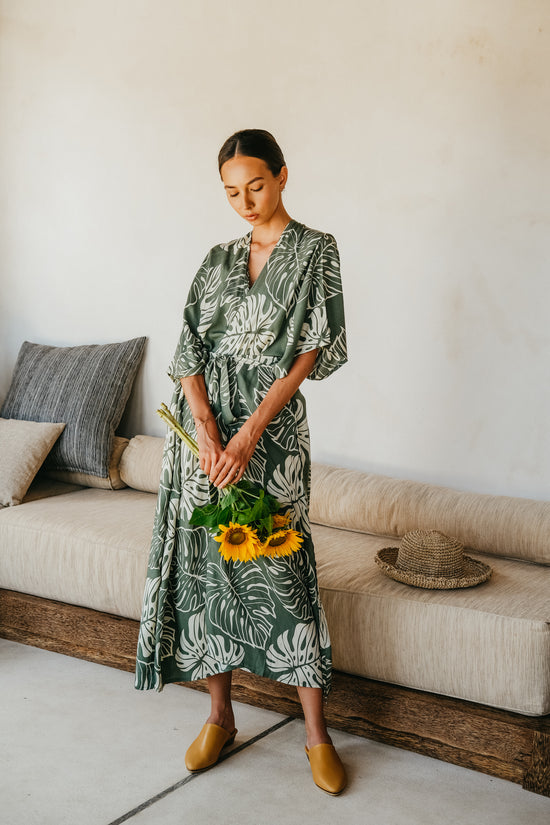 Tropical Palm Leaf Kimono in Green