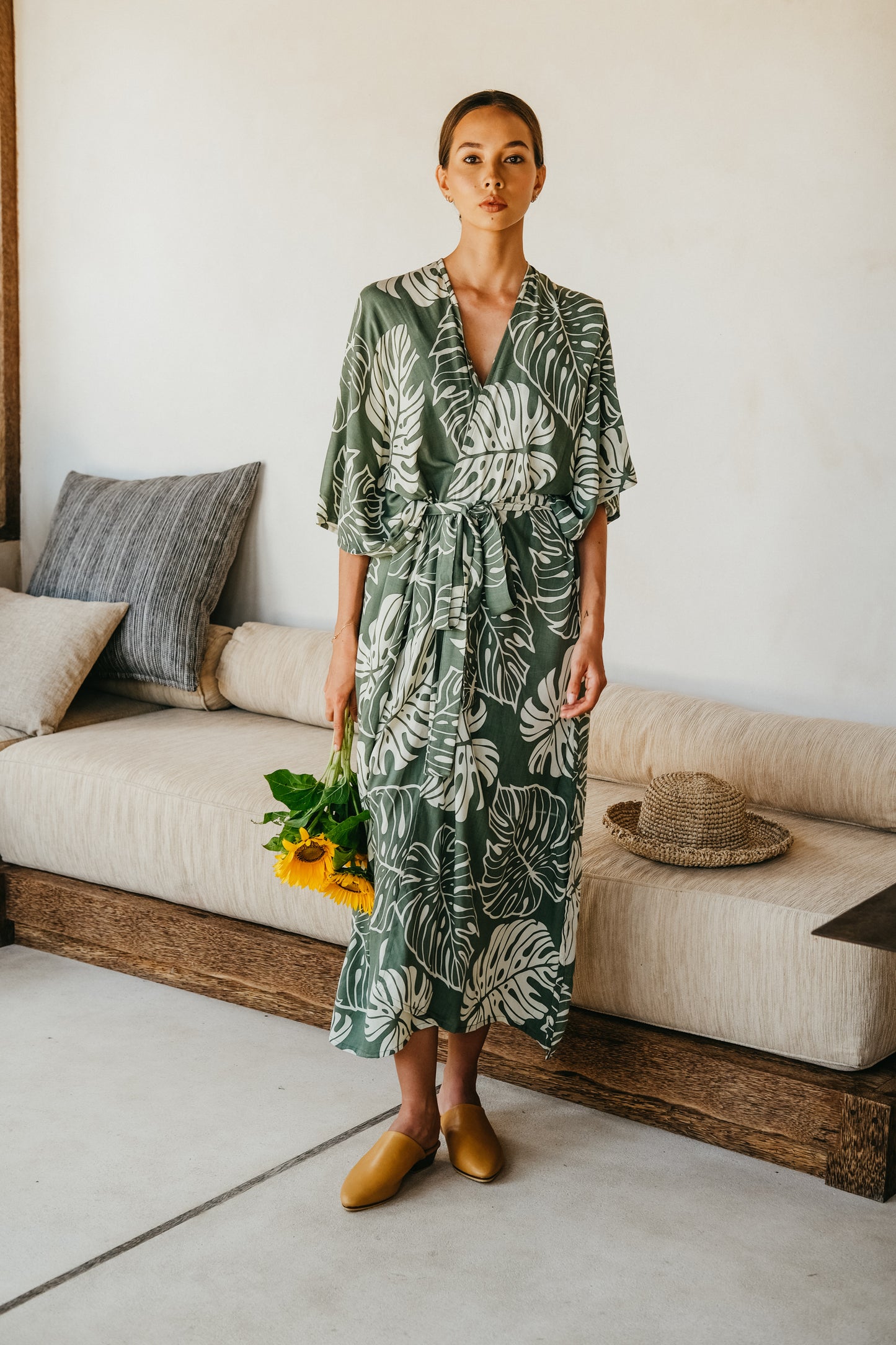 Tropical Palm Leaf Kimono in Green